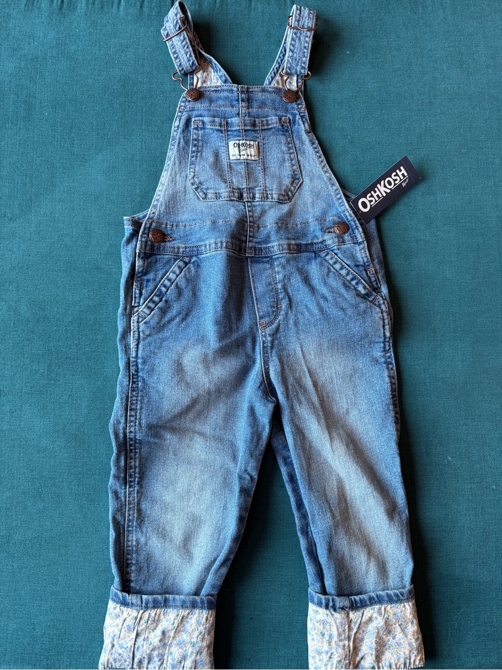 OshKosh B'gosh Medium Blue Denim Girls Overalls with Floral Cuff